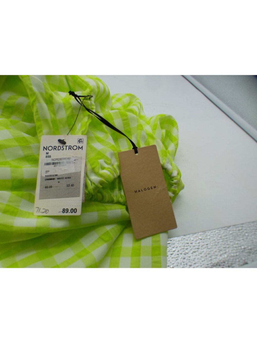 Halogen Puff Sleeve Midi Dress, Lime Green/ White, M - Picture 7 of 11